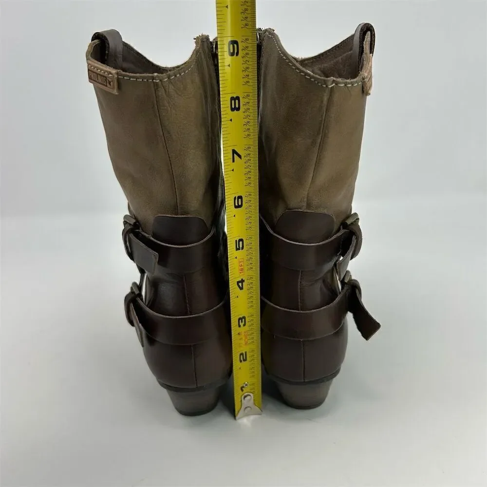 Pikolinos Women's Brown Leather Western Buckle Strap Heeled Ankle Boots Size 38